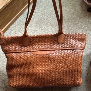 HOBO Woven Leather Tote Bag in Cognac Brown